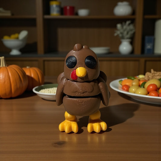 3D printed flexi turkey toy – brown and yellow wiggling turkey figurine for desk, fidgeting, and holiday décor